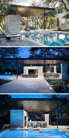 this modern house has a swimming pool and an outdoor lounge area that is built into the ground