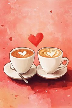 two cups of coffee with hearts on them