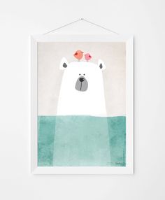 a polar bear with two birds on its head is hanging from a wall above it