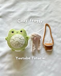 two crocheted items are shown with the words cozy frogy on them and one is