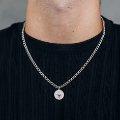 Silver Round Star Pendant Necklace 4mm Curb Chain For Men or Women - Boutique Wear RENN Cousin Best Friend, Compass Pendant Necklace, Round Star, Chain For Men, Compass Pendant, Star Pendant Necklace, A Boyfriend, Coin Necklace, Star Pendant