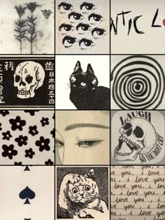 a collage of different pictures with cats and skulls on them, all in black and white