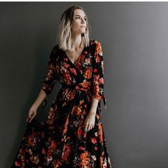 Figure Flattering Faux Wrap Black Floral Maxi Dress. Tie Sleeve. Lined, Non Sheer. Elegant Black Floral Maxi Dress, Flowy Black Dress For Fall, Elegant Black Floral Dress For Spring, Elegant Black Floral Dress For Brunch, Black Floral Print Maxi Dress For Spring, Chic Black Floral Print Dress, Elegant Black Floral Midi Dress, Chic Black Floral Dress For Beach, Black V-neck Midi Dress With Floral Print