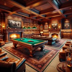 Step into luxuriance in this basement man cave. Centered by a mahogany pool table, it features leather armchairs by a stone fireplace, exclusive bar, and home theater. Vintage memorabilia, classic posters, wood paneling, and Persian rugs complete the sumptuous ambiance. #LuxuryManCave #HomeBar #HomeTheater #PoolTable #VintageMemorabilia #ManCaveDesign Basement Man Cave, Gentlemans Room, Rogue Planet, Grand Mansion, Sports Man Cave, Classic Posters, Ultimate Man Cave, Man Cave Room, Basement Inspiration