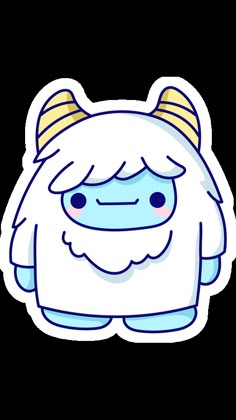 a white and blue monster with horns on it's head