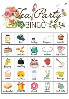 Tea Party Bingo Game Cards 70th Tea Party Ideas, Tea Party Necessities, Tea Party Ideas Activities, Tea Exchange Party, High Tea Kitchen Tea Ideas, Mothersday Tea Party Ideas, Things To Do At A Tea Party, Mommy And Me Tea Party Ideas