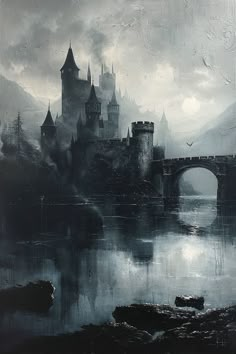 a painting of a castle in the middle of a body of water with a bridge over it