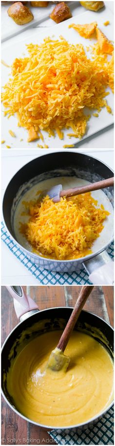 two pictures showing how to make cheesy hashbrowns in a skillet