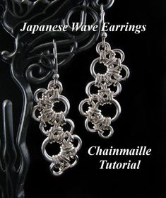 two pairs of earrings with chains hanging from it's sides and the words japanese wave earrings