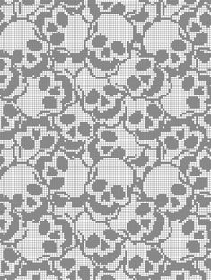 a gray and white knitted pattern with circles in the shape of skulls on it