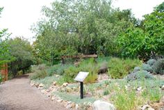 a sign in the middle of a garden with rocks and plants around it, along with trees