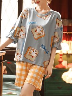 Women Cute Cartoon Print Half Sleeve Loose Two Piece Pajama Set Color: Blue,Green Fit Type: Loose Fit Material: Cotton,Polyester Neckline: Round Neck Pattern Type: Cartoon Season: Spring,Summer Sleeve: Half Sleeve Style: Cute,Casual,Cartoon Precise details: Description: Color:Blue,Green Fit Type:Loose Fit Material:Cotton,Polyester Neckline:Round Neck Pattern Type:Cartoon Season:Spring,Summer Sleeve:Half Sleeve Style:Cute,Casual,Cartoon Package Included: 1*Top 1*Shorts Style Cute,Casual,Cartoon Material Cotton,Polyester Sleeve Half Sleeve Pattern Type Cartoon Color Blue,Green Season Spring,Summer Neckline Round Neck Fit Type Loose Fit Cute Pijamas, University Apartment, Casual Sleepwear, Two Piece Pajama Set, Pajamas Short, Women Cartoon, Cute Pajama Sets, Summer Pajamas