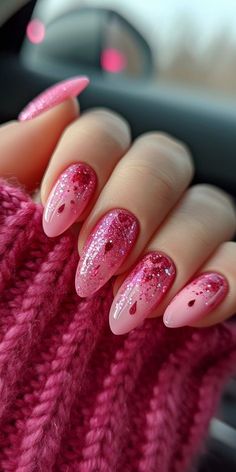 Pink And Red Nail Designs Valentines Day, Pink Glitter Valentines Day Nails, Valentine’s Nail Ideas, Valentines Glitter Nails, Valentine Nails Glitter, Pink And Red Valentine Nails, Valentines Day Nails Glitter, Glitter Valentines Nails, Nail Art Pink Glitter