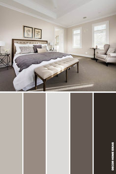 a bedroom with gray and white colors in the walls, carpeted flooring and furniture