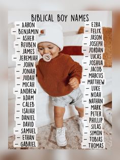 a baby is standing in front of a wall with names on it and the words biblical boy names