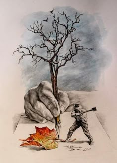 a pencil drawing of a man hitting a leaf with a baseball bat next to a tree