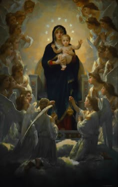 the virgin mary and child surrounded by angels