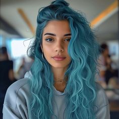 a young brazilian girl hair color aqua blue Maria Chiquinha's updo hair gray sweatshirt shirt airport background with people in motion realistic style#blue Blue Dip Dye Hair, Airport Background, Background With People, La Blue Girl, People In Motion, Baby Blue Hair, Artsy Girl, Light Blue Hair, Blue Haired Girl