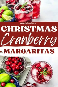 christmas cranberry margaritas with lime and rosemary garnish on the rim