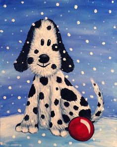 a painting of a dalmatian dog sitting in the snow with a red ball