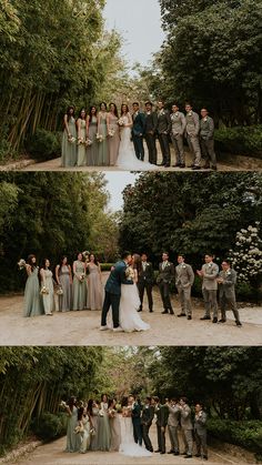 the wedding party is posing for pictures together