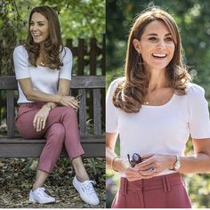 two pictures of the same woman sitting on a bench and one is wearing white shoes