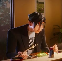 an animated man sitting at a table with chopsticks in his hand