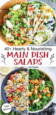 four different salads are shown in this collage