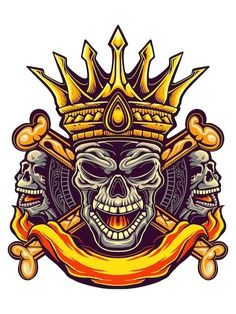 a skull wearing a crown with two swords