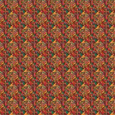 an orange and green pattern with leaves on the bottom, in shades of red, brown, yellow and green