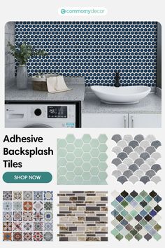 an advertise poster for tile and wall coverings, with the words adhesive backsplash tiles shop now