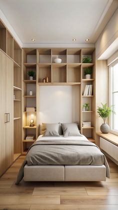 a bed sitting in the middle of a bedroom next to a book shelf filled with books