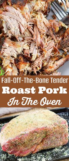 roast pork in the oven with text overlay