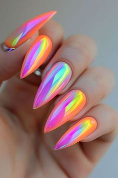 These rainbow chrome nails are screaming at me, even though i know they are no where near a fall nails vibe, i'm so obsessed! will be doing this almond nails / acrylic nails for my next vacation for sure! the perfect summer nails or vacation nails 10000% Acrylic Neon Nails, Nails Acrylic Neon, Neon Nails Acrylic, Pink Nails Neon, Neon Nails Designs, Acrylic Nails Neon, Neon Yellow Nails, Neon Pink Nails, Neon Acrylic Nails