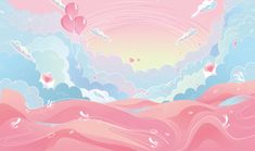 an abstract painting with pink and blue clouds in the sky, flying heart shaped balloons