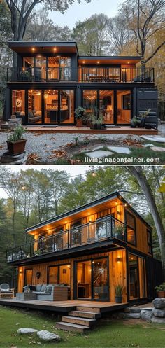 two different views of a modern house in the woods, one is made out of shipping containers