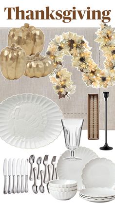 the thanksgiving table is set with white dishes and silverware