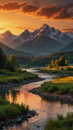 a river running through a lush green field under a mountain range with trees and grass