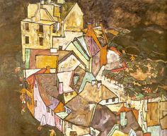 an abstract painting with buildings and trees in the background