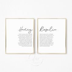 two black and white wedding vows with gold frames