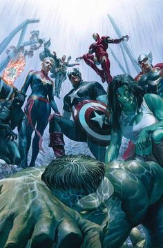 the avengers team is surrounded by other superheros in an image that appears to be being drawn