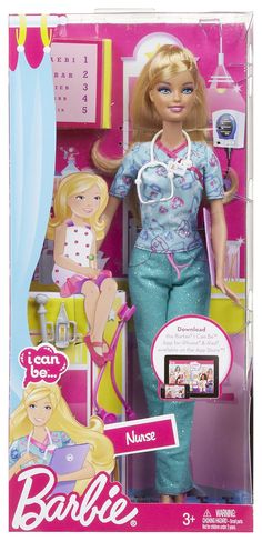 the barbie doll has blonde hair and is wearing blue pants with pink trimmings