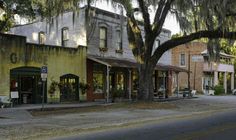 an empty street with buildings and trees on both sides in front of the storefront