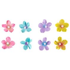 six different colored flowers with pearls in the middle and one flower on each side,