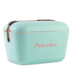 an aqua colored lunch box with the word polaflorx written in pink on it