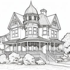 a drawing of a large victorian house with two stories and a porch on the second floor