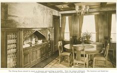 an old photo of a dining room and fireplace