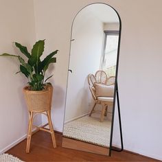 a large mirror sitting on top of a wooden floor next to a potted plant