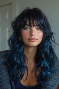 Blue In Hair, Colored Hair With Bangs, Two Toned Hairstyles, Fun Hair Cuts, Colored Hair For Brunettes, Cool Blue Hair, Delicate Hairstyles, Hair Color Women