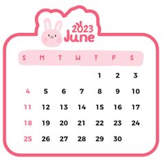 a calendar for the month of june with bunny ears on it and pink trimmings